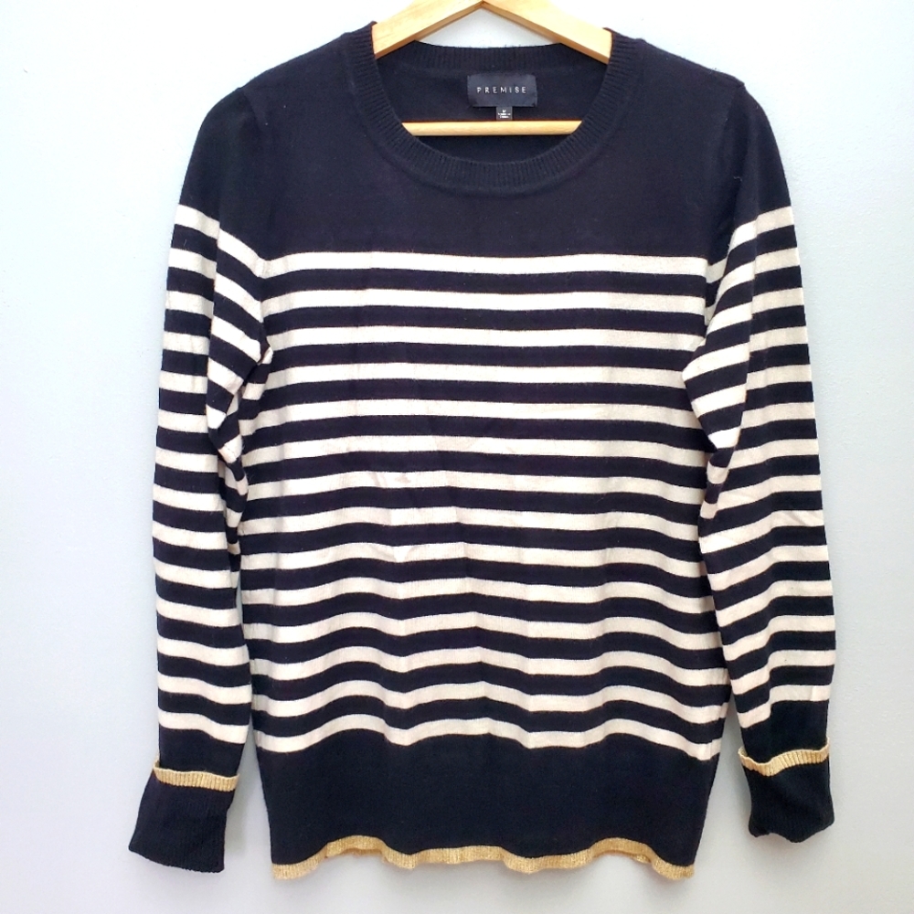 PREMISE Black and White Stripped Knit Sweater sz Medium